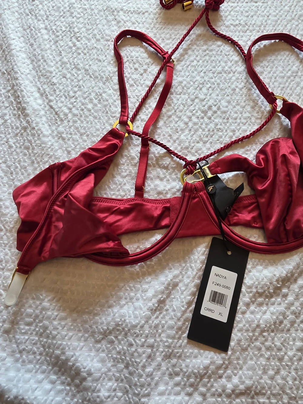 Frederick's of Hollywood Crimson Satin Underwire Bra with Gold Accents And Rope